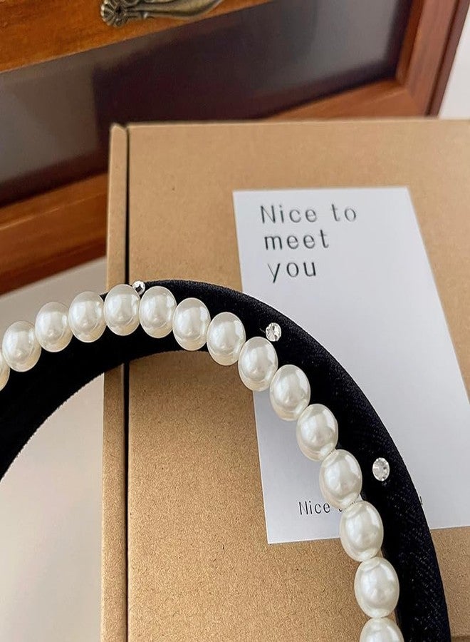 TUCEWP Black Headbands for Women Girls Double Layer Pearl Velvet Headbands Non Slip Soft Thick Padded Headband Sparkly Fall Turban Headband No Teeth Head Bands Hoops Headwear Styling Tools Accessories - Image 5